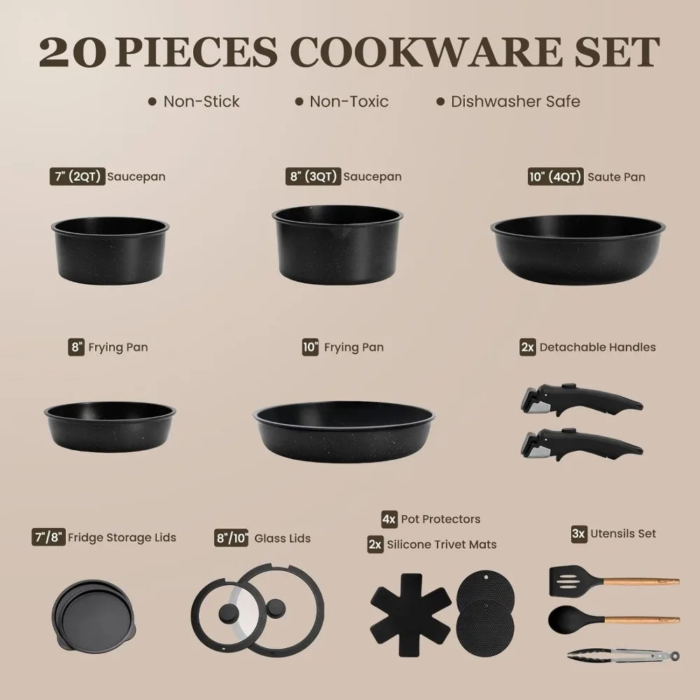 20 pcs pots and pans set non stick, detachable handle cookware sets nonstick, non toxic induction rv kitchen cooking set with r