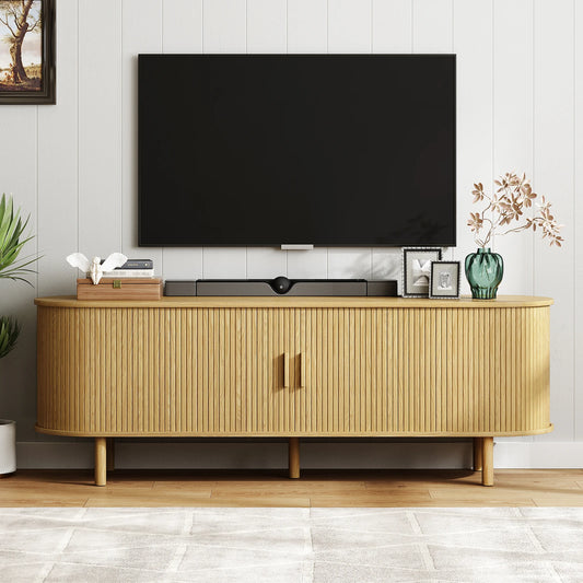 Walnut TV Stand With Power Outlet And Sliding Doors