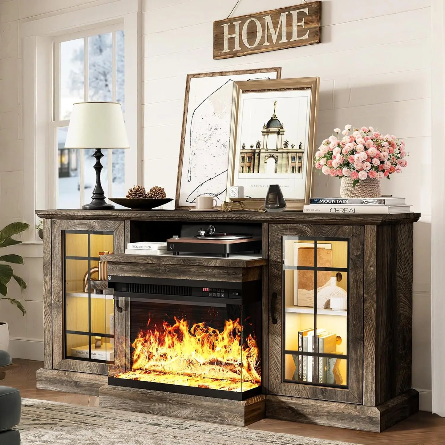 70'' Fireplace TV Stand, Farmhouse Entertainment Center with 3 Sided Glass TV Stand, Modern Media Console Table