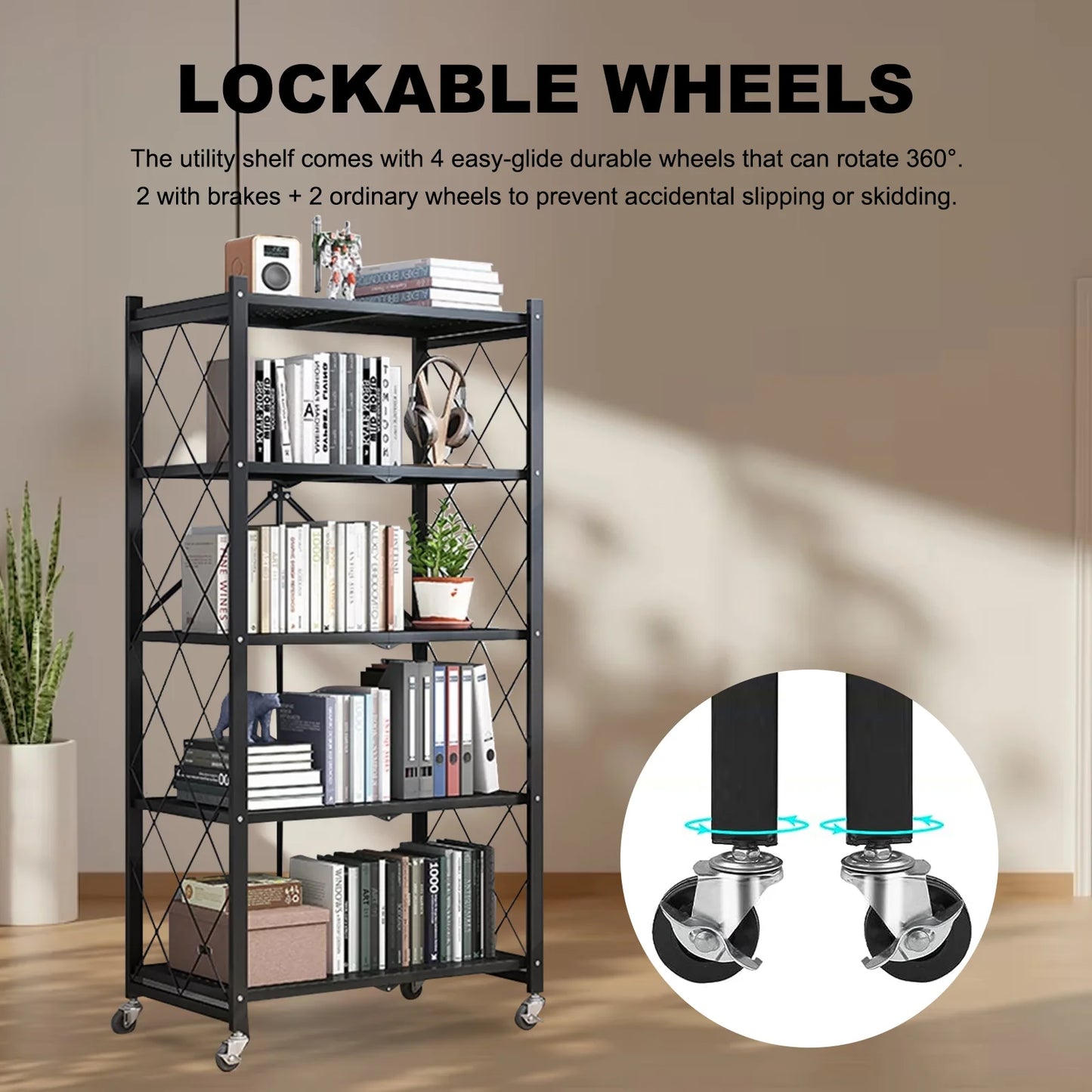 Storage Shelving 5-Tier With Wheel Unit Metal Shelf Adjustable Heavy Duty Foldable Organizer Rack