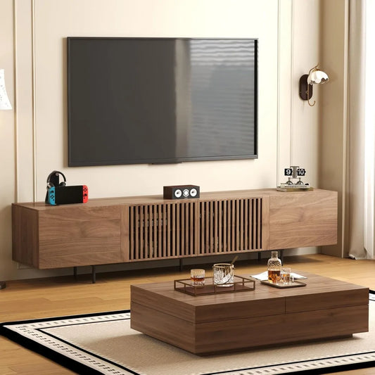 Mid-Century Modern TV Stand & Expandable Coffee Table Set, Walnut Finish, Stylish Storage Combo for Living Room or Bedroom (70.8