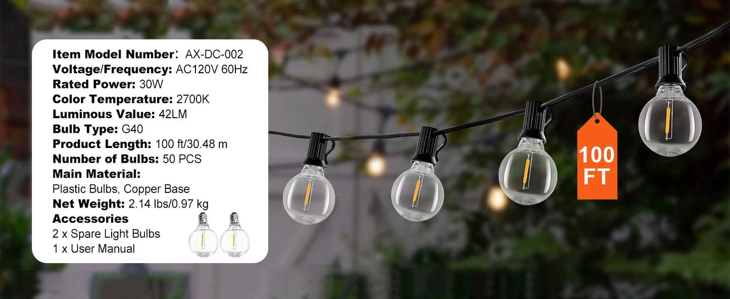 SucceBuy LED Outdoor String Lights 2700K Dimmable Outside Patio Waterproof Hanging Lights for Porch Backyard Garden Balcony