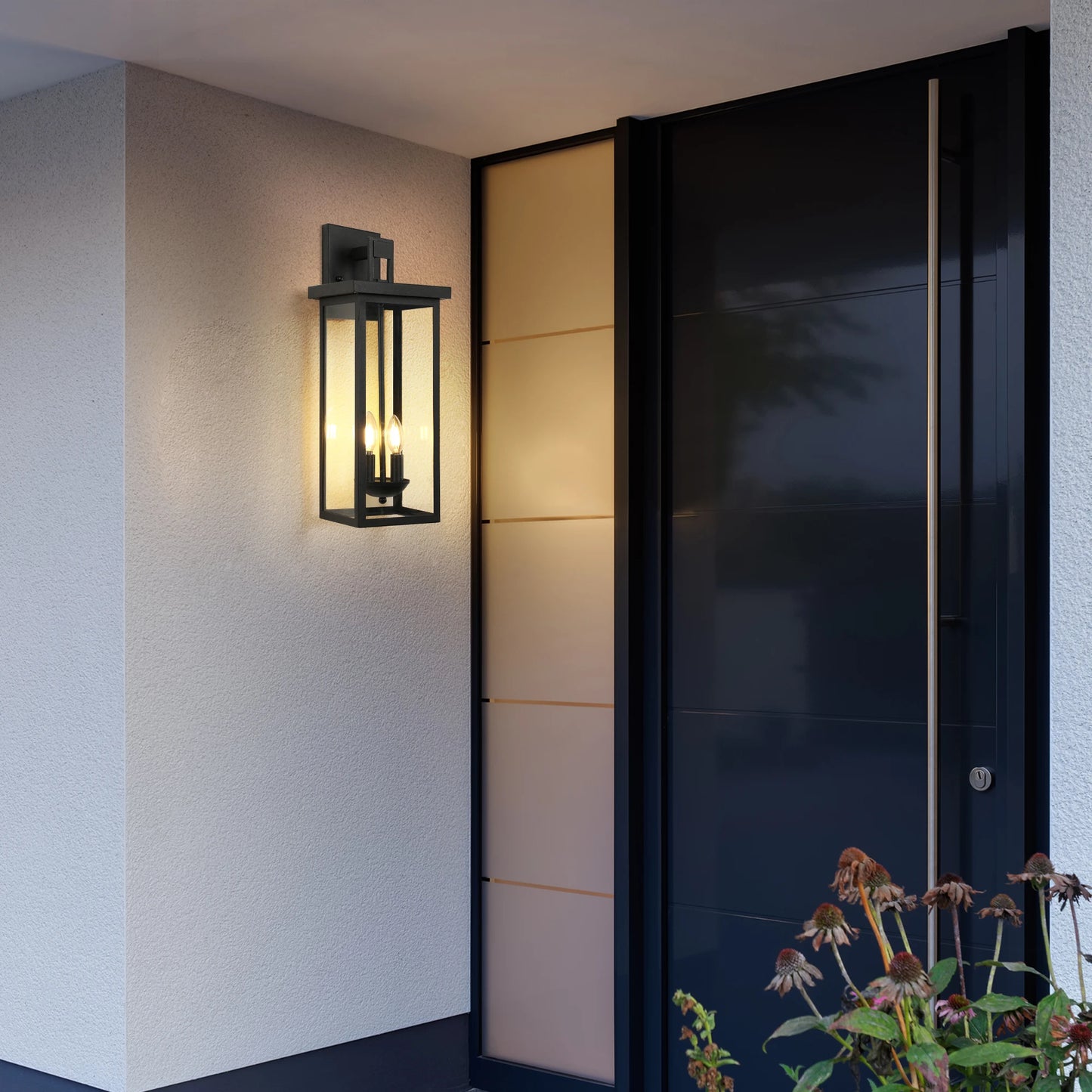 22"(H) Outdoor Wall Lantern with Dusk to Dawn Sensor Matte Black Finish Clear Glass Panels