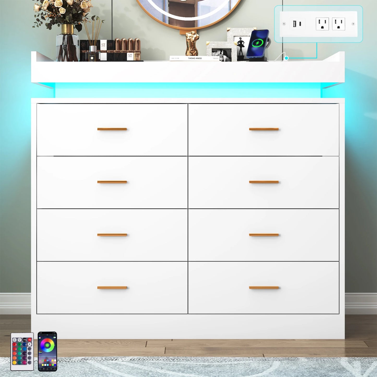 8 Drawer Dresser With LED Light Modern Chest Of Drawers Bedroom