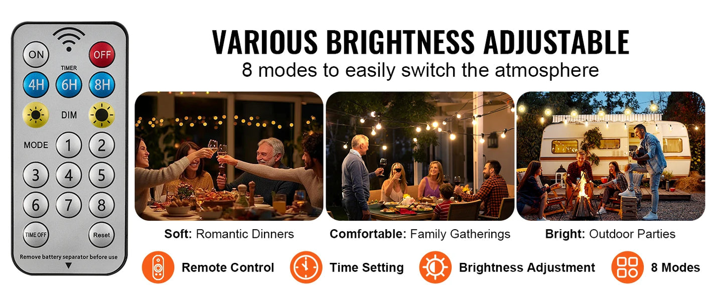 SucceBuy LED Outdoor String Lights 2700K Dimmable Outside Patio Waterproof Hanging Lights for Porch Backyard Garden Balcony