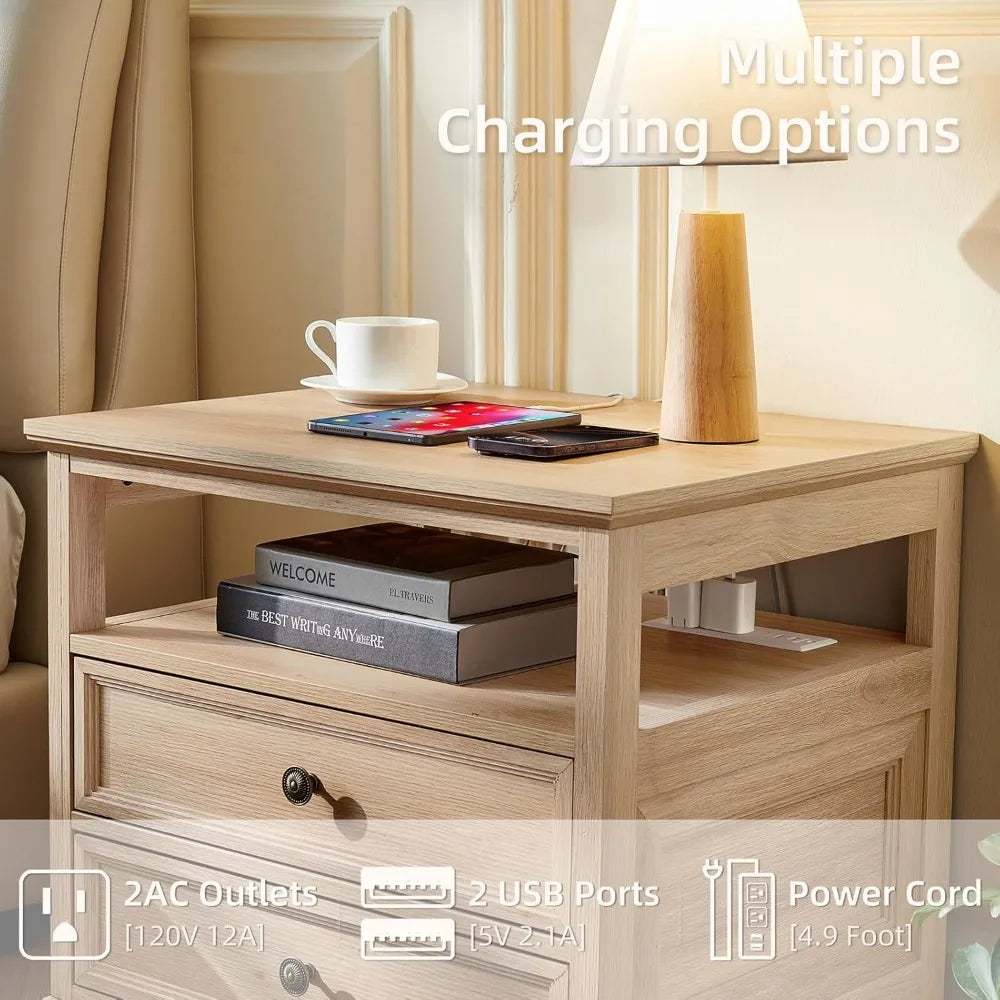 Farmhouse Nightstand with Charging Station, 24 Wide End Table with 2 Drawers, Natural dresser
