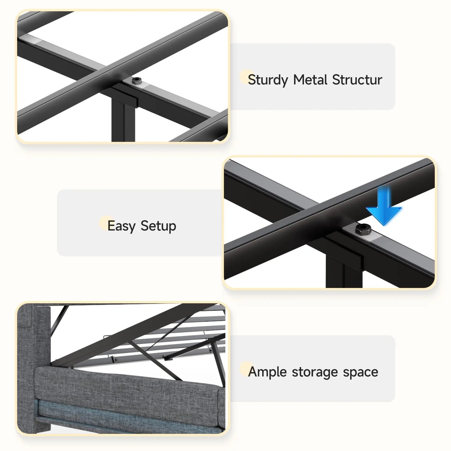 Vabches Lift Up Bed Frame with Storage Headboard&Power Outlet, LED Lights Upholstered Platform Bed Frame for Bedroom Noise-Free