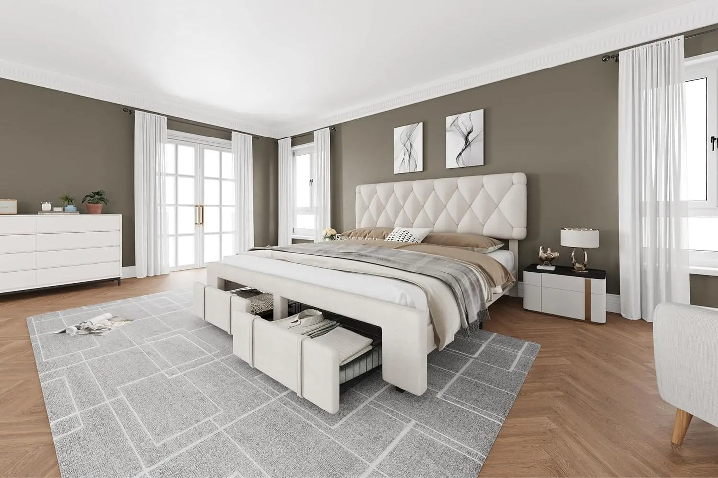 Bed Frame Storage Drawers, Mattress Foundation with Solid Wooden Slats Support, No Box Spring Needed
