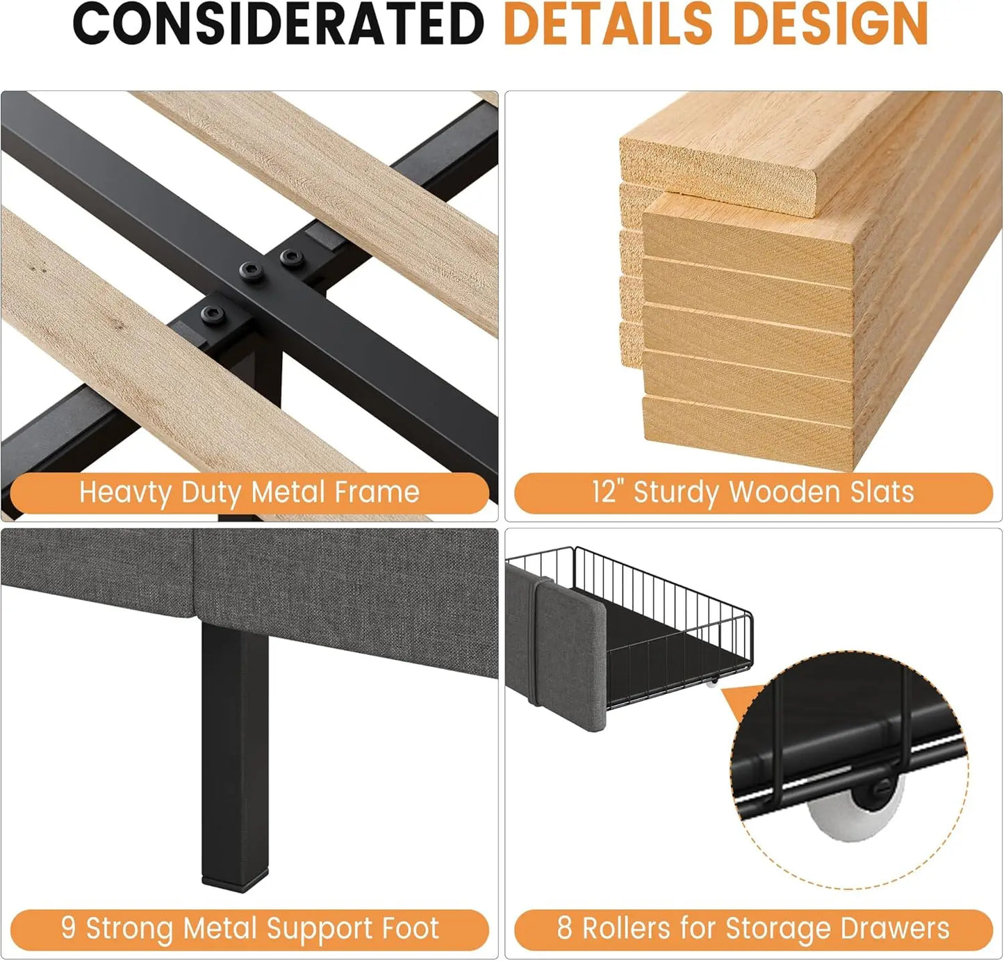 Bed Frame Storage Drawers, Mattress Foundation with Solid Wooden Slats Support, No Box Spring Needed