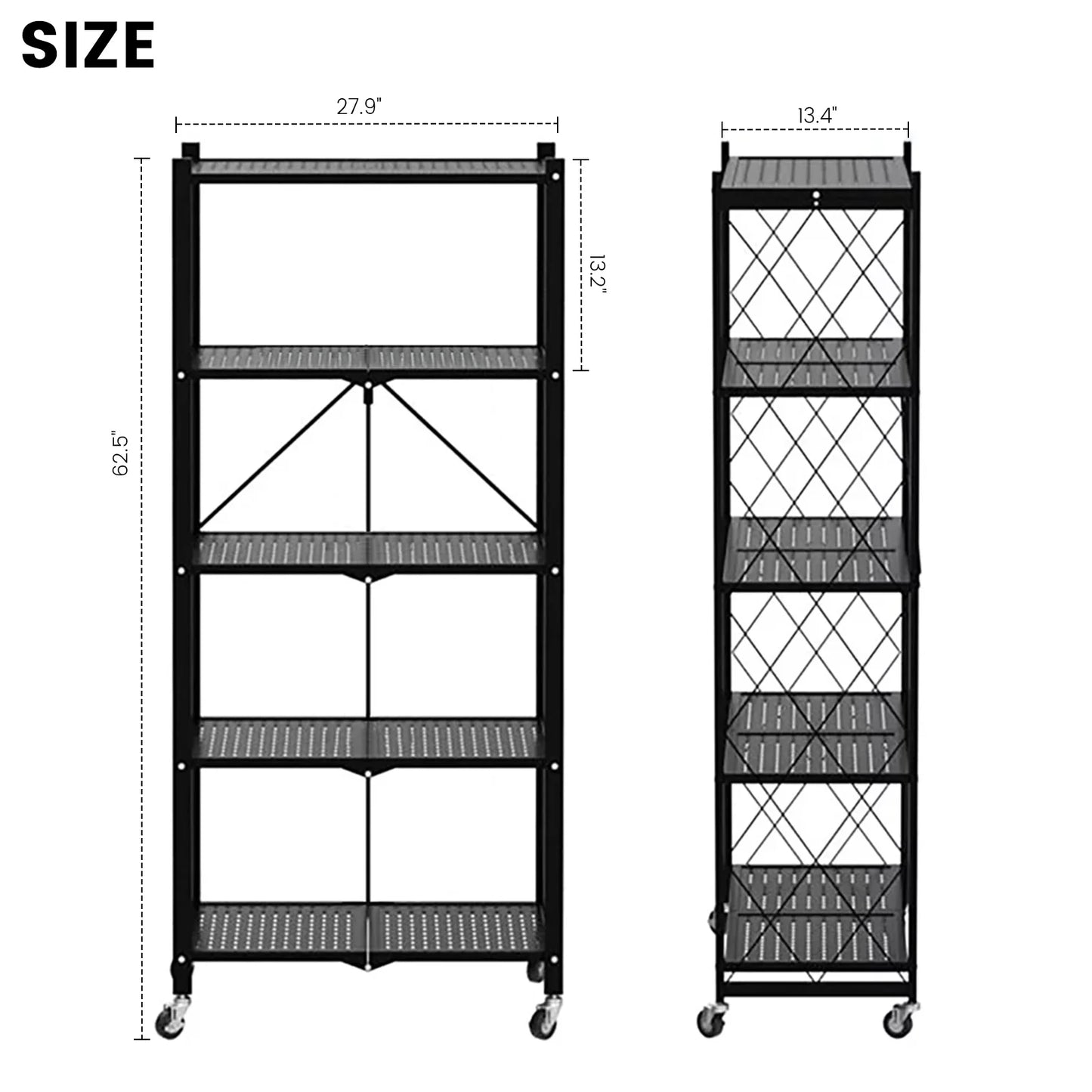 Storage Shelving 5-Tier With Wheel Unit Metal Shelf Adjustable Heavy Duty Foldable Organizer Rack