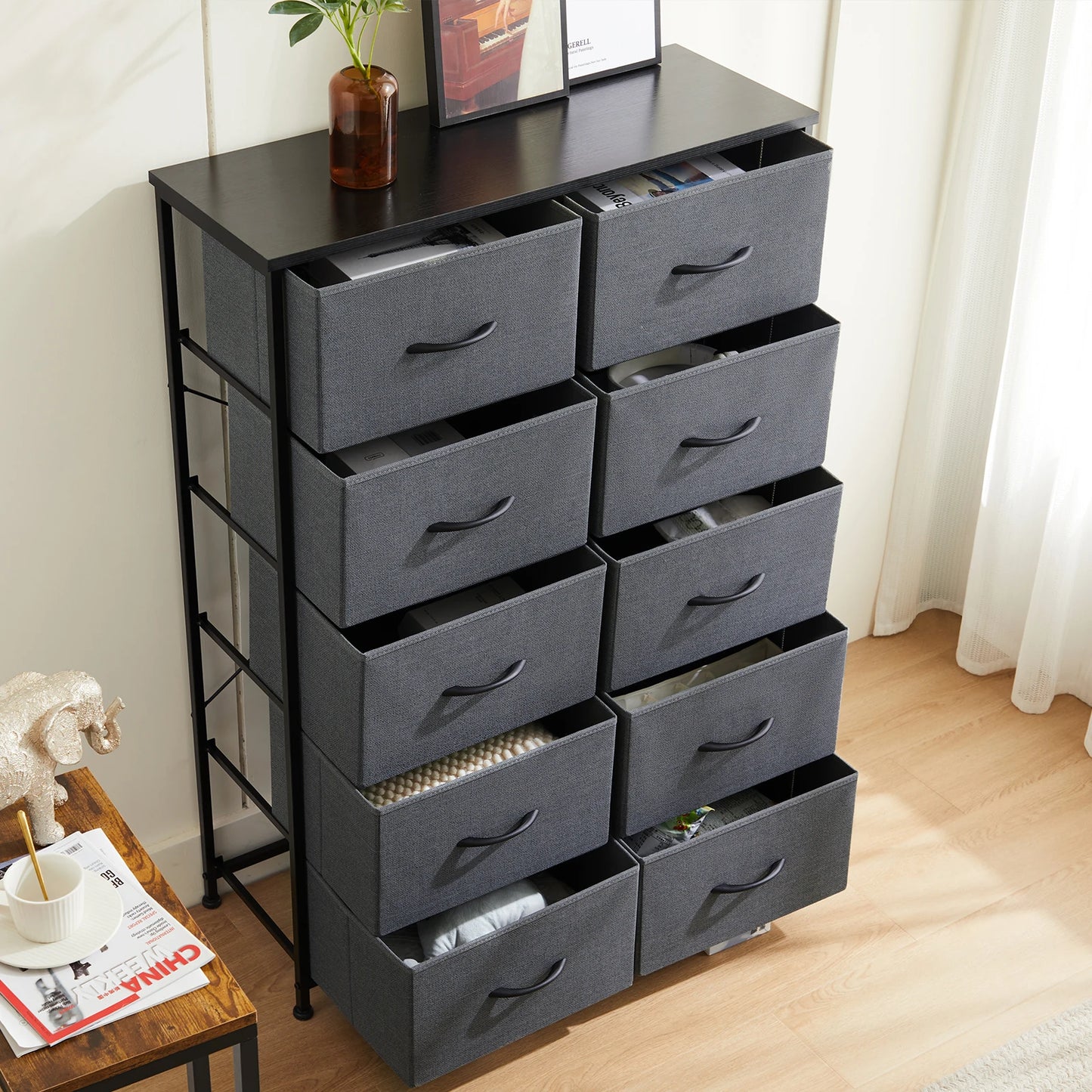 JHK Bedside Table For Bedroom With 10 Fabric Drawers Nightstand Storage Cabinet With Steel Frame