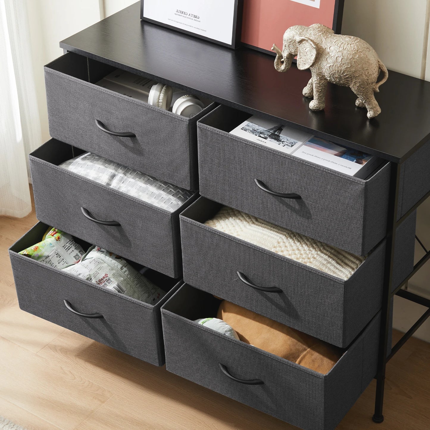 JHK 6 Fabric Drawers Nightstand For Bedroom Bedside Sofa Table With Storage