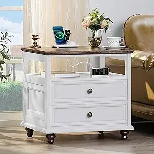 Farmhouse Nightstand with Charging Station, 24 Wide End Table with 2 Drawers, Natural dresser
