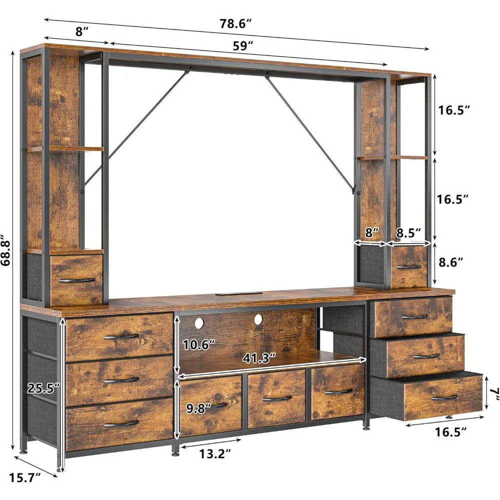 78.6" TV Stand for Living Room, Large Entertainment Center with 11 Fabric Drawers, 2 LED Lights & Power Outlets, Modern