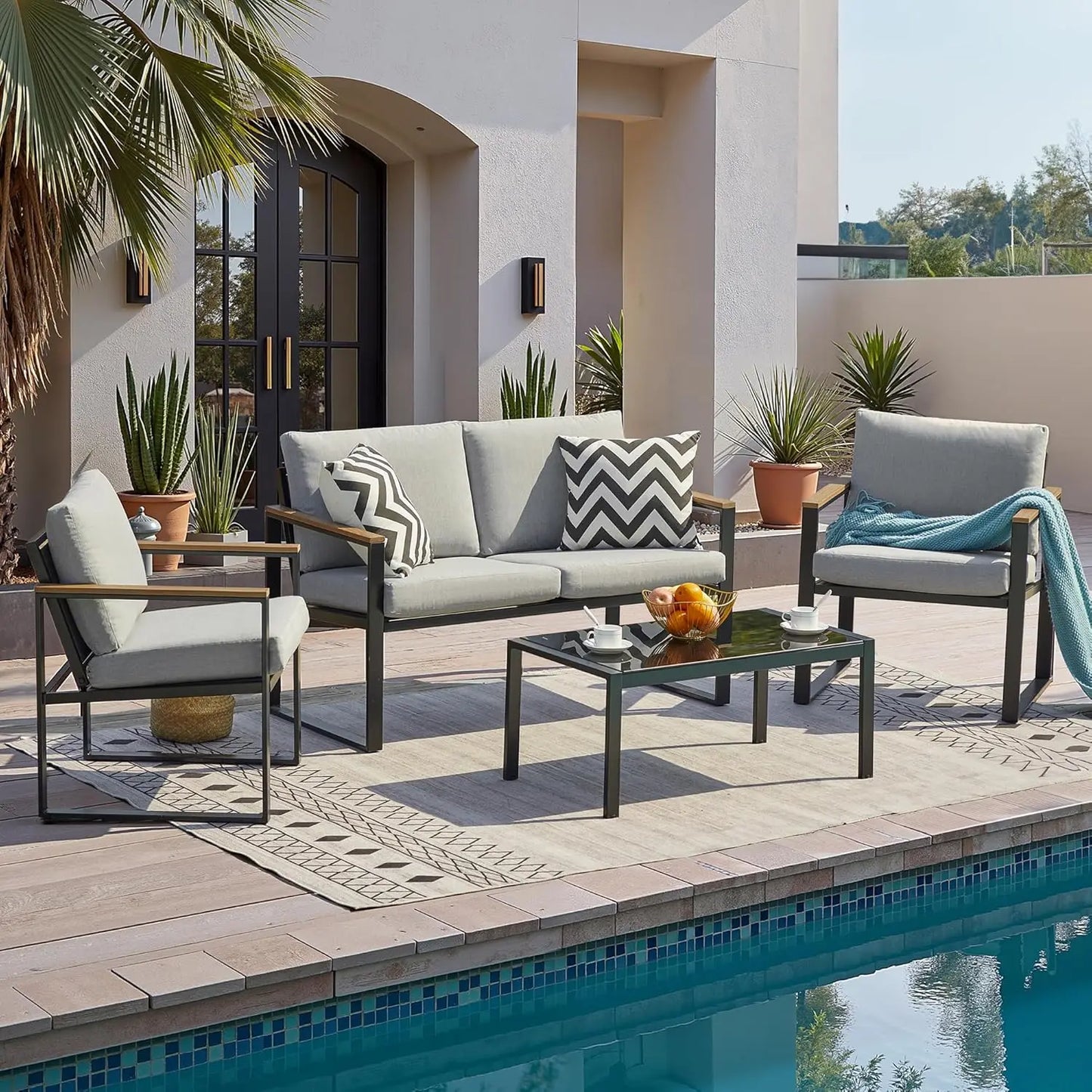4 Pieces Patio Furniture Sets,Metal Outdoor Patio Furniture Sets,Outdoor Sectional Patio Conversation