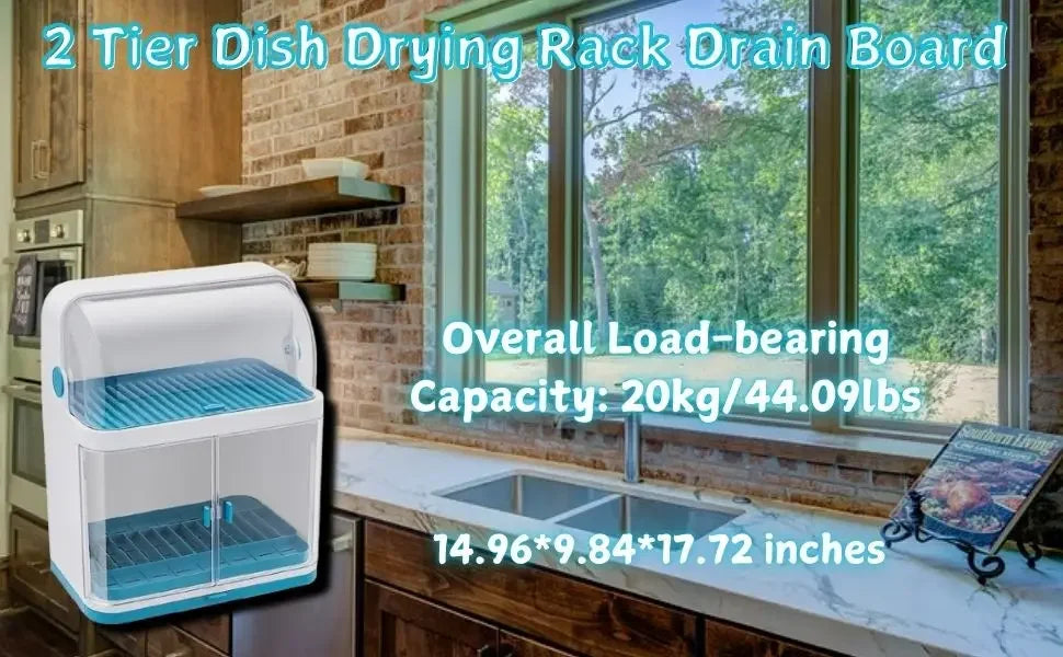 2 Layer Dish Drying Rack With Cover Drip Tray For Kitchen