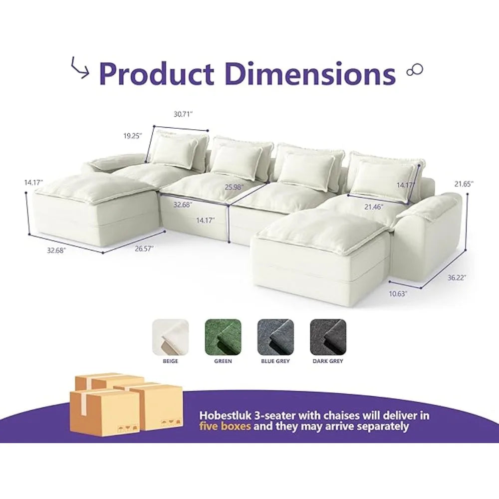 152" Cloud Modular Sectional – U-Shaped 4-Seater Couch with Ottomans, Deep Seat