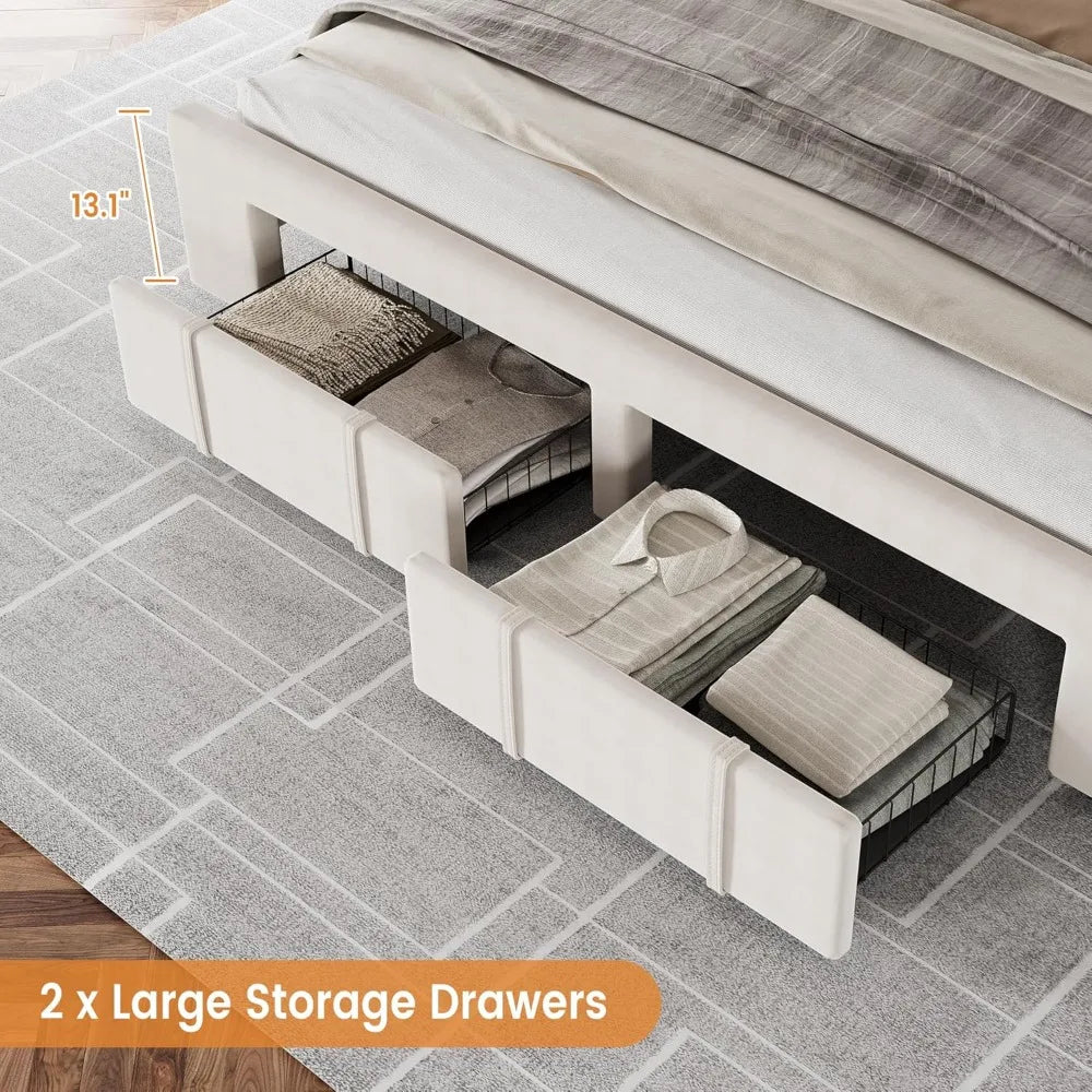 Bed Frame Storage Drawers, Mattress Foundation with Solid Wooden Slats Support, No Box Spring Needed