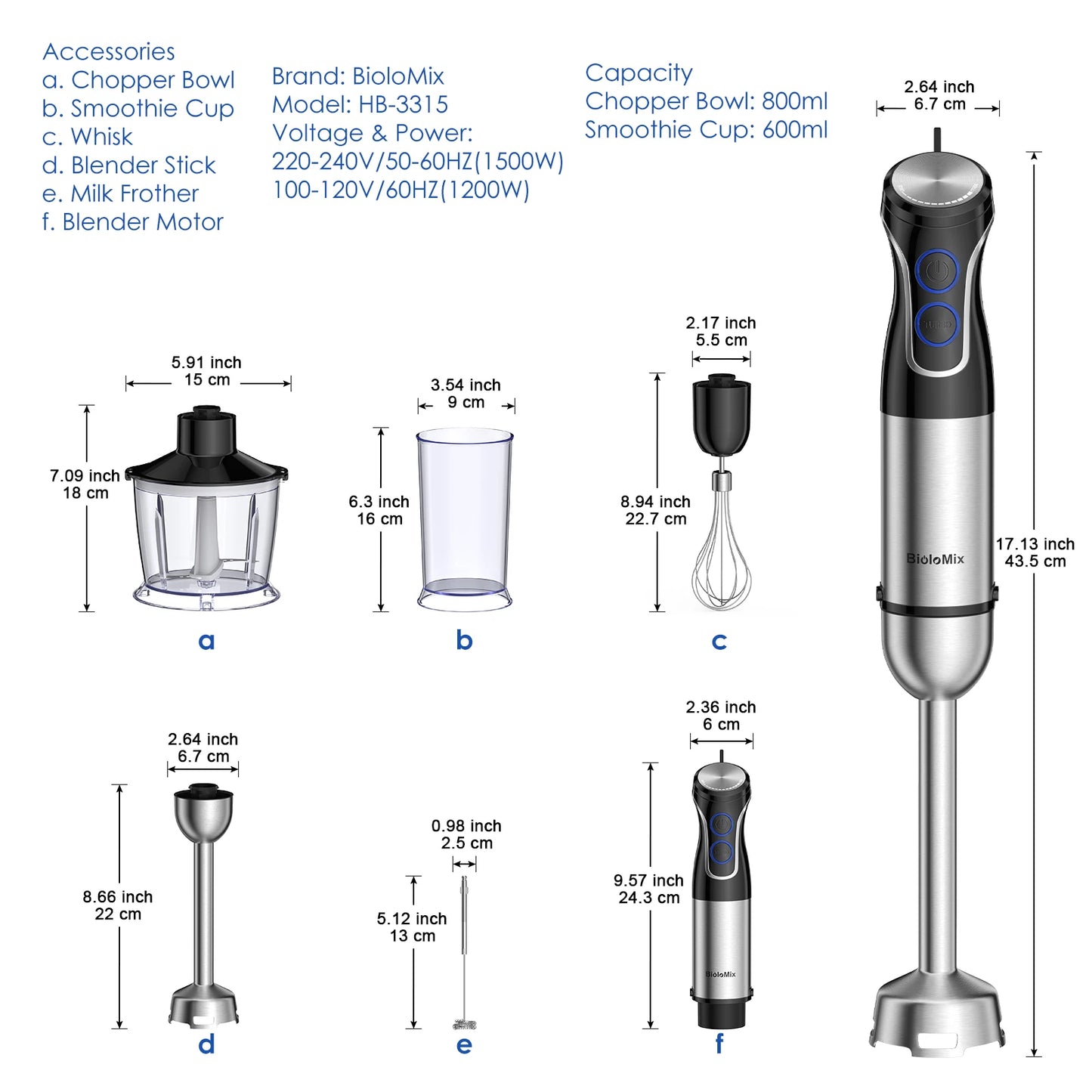 BioloMix 5 in 1 Immersion Hand Blender,1500W Blender with 304 Stainless Steel Blade, Food Processor, Smoothies