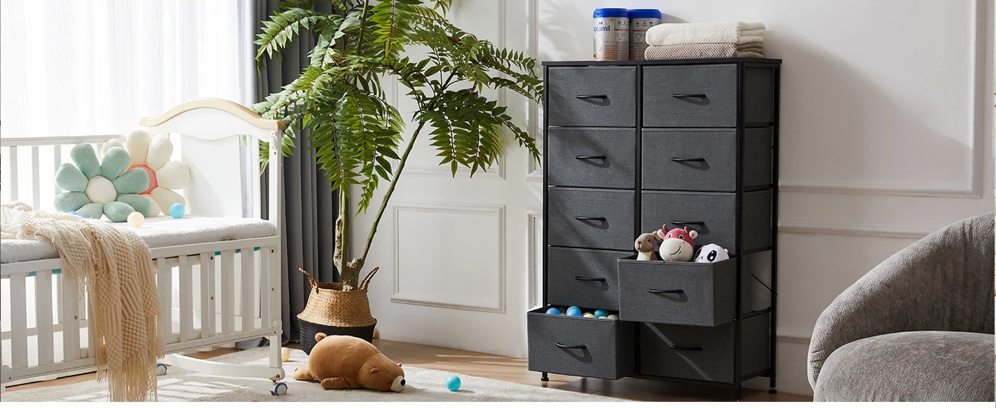 JHK Bedside Table For Bedroom With 10 Fabric Drawers Nightstand Storage Cabinet With Steel Frame