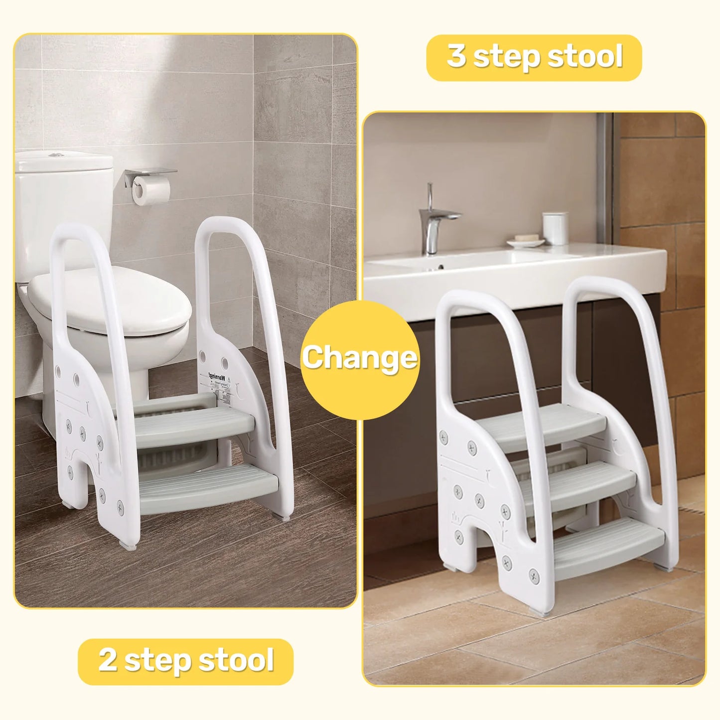 Toddler Step Stool, Kids Step Stool with Handles Sides, Plastic 3 Step Stool for Bathroom Sink, Kitchen Counter,