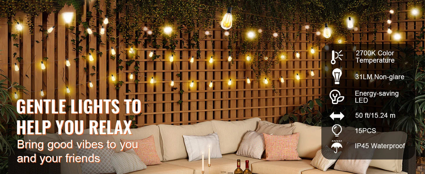 SucceBuy LED Outdoor String Lights 2700K Dimmable Outside Patio Waterproof Hanging Lights for Porch Backyard Garden Balcony