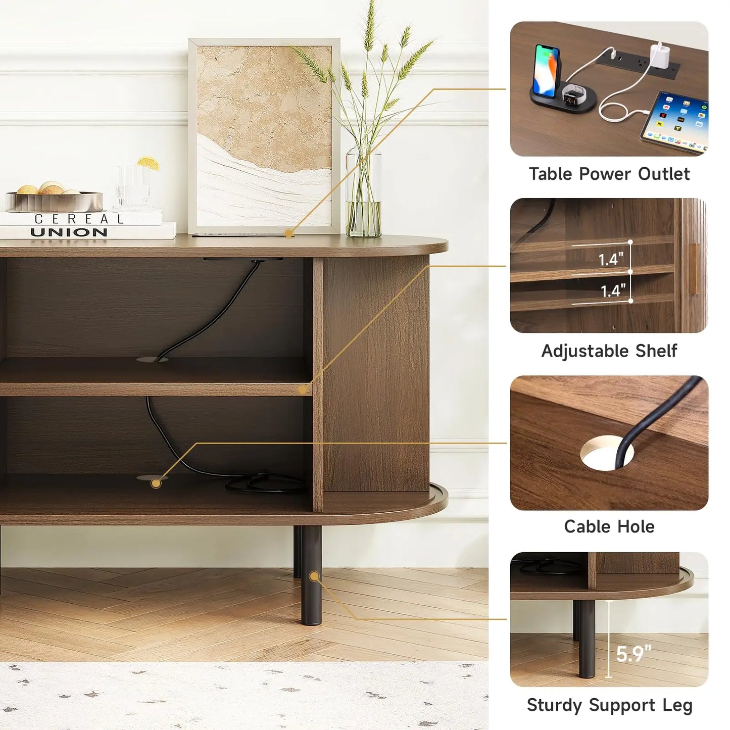 Walnut TV Stand With Power Outlet And Sliding Doors