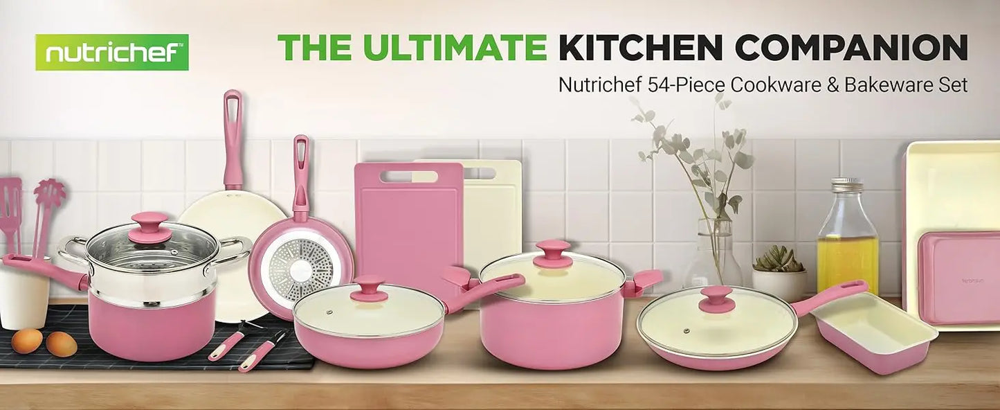 54-Piece Kitchen Cookware Set - Complete Non-Stick Ceramic Pots and Pans Set with Utensils, Bakeware, and Knife Set, Gas, Electr