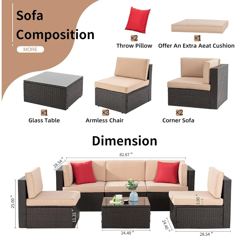 6 Pieces Patio garden furniture sets, PE Rattan Manual Wicker Patio Conversation Set w/Glass Table&Ottoman Cushion and Pillows