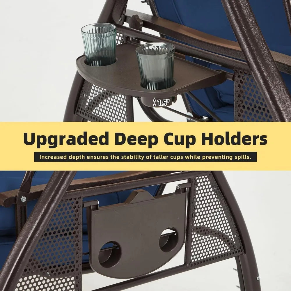 3 Person Outdoor Porch Swing With Cup Holder Canopy