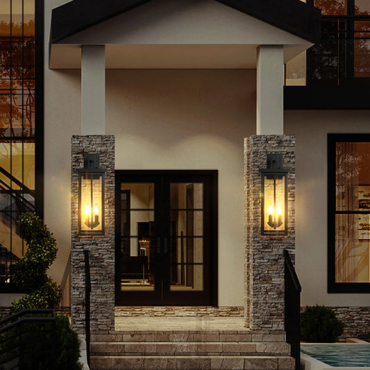 22"(H) Outdoor Wall Lantern with Dusk to Dawn Sensor Matte Black Finish Clear Glass Panels
