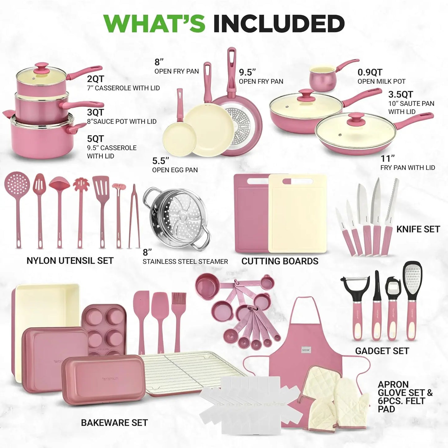 54-Piece Kitchen Cookware Set - Complete Non-Stick Ceramic Pots and Pans Set with Utensils, Bakeware, and Knife Set, Gas, Electr