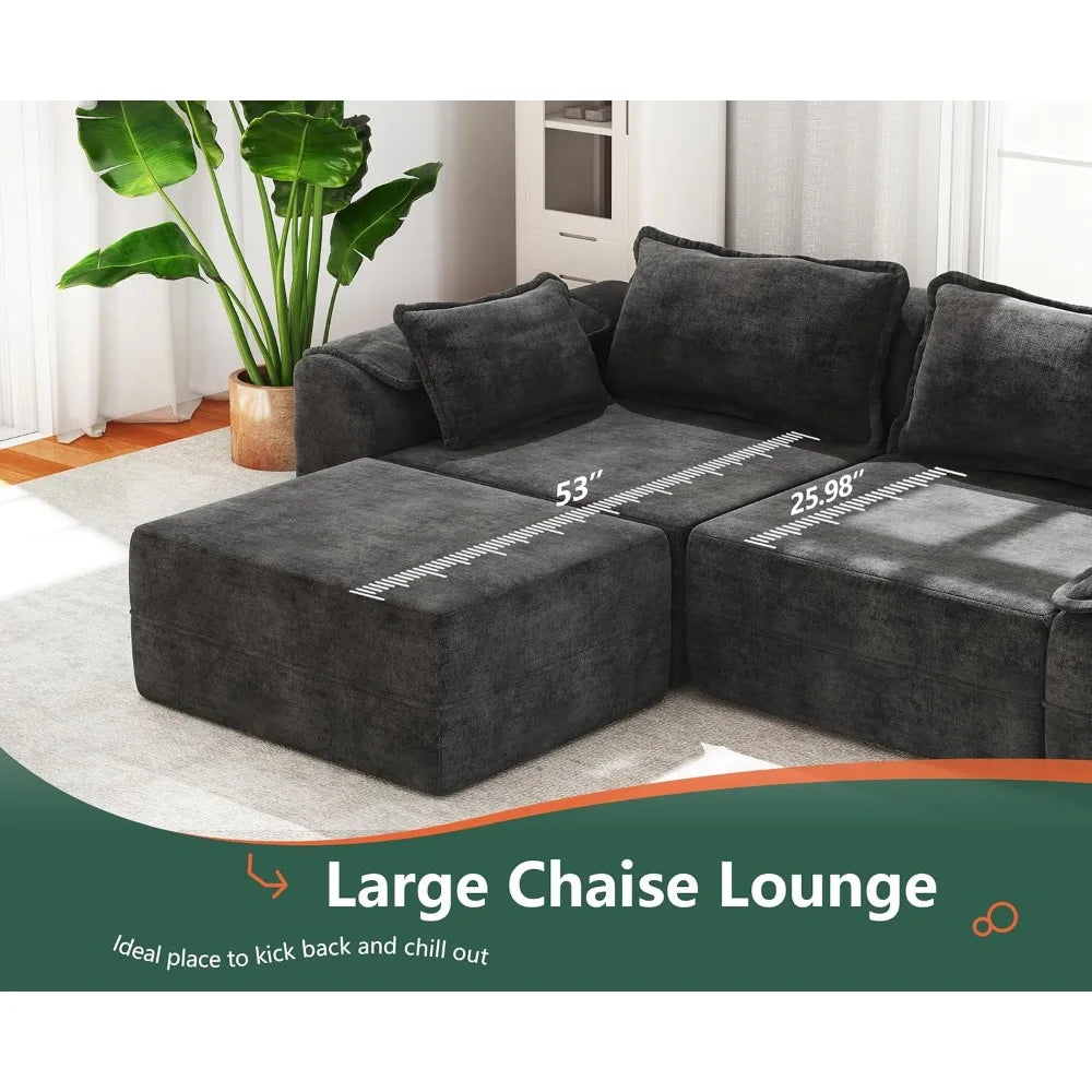 152" Cloud Modular Sectional – U-Shaped 4-Seater Couch with Ottomans, Deep Seat