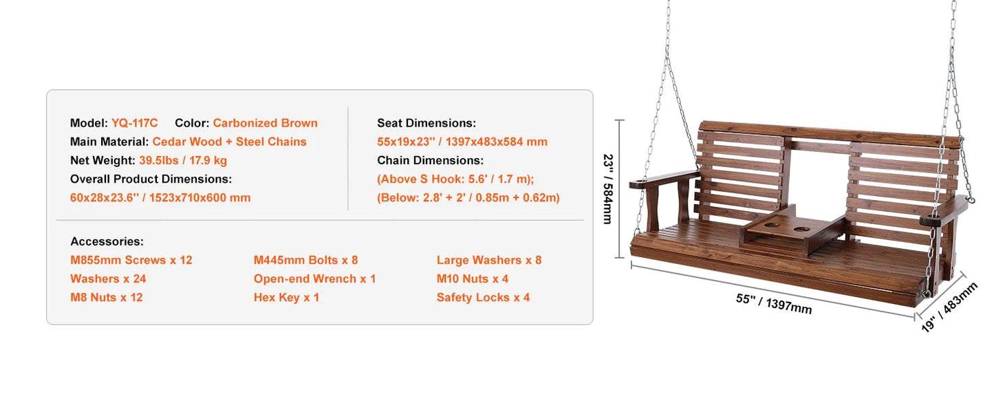 SucceBuy Wooden Porch Swing 5 ft Patio bench swing for Courtyard Garden Upgraded 880 lbs Strong Load Capacity Swing Chair Bench