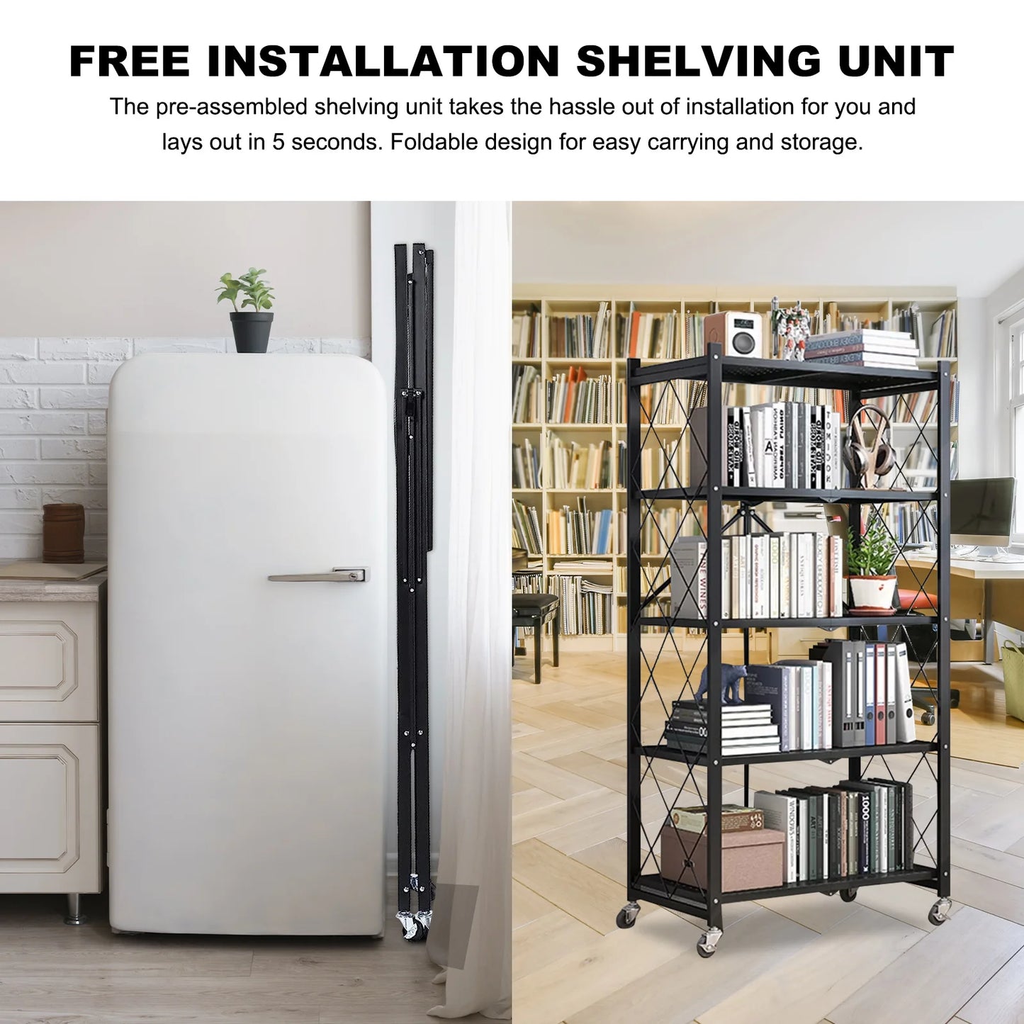 Storage Shelving 5-Tier With Wheel Unit Metal Shelf Adjustable Heavy Duty Foldable Organizer Rack