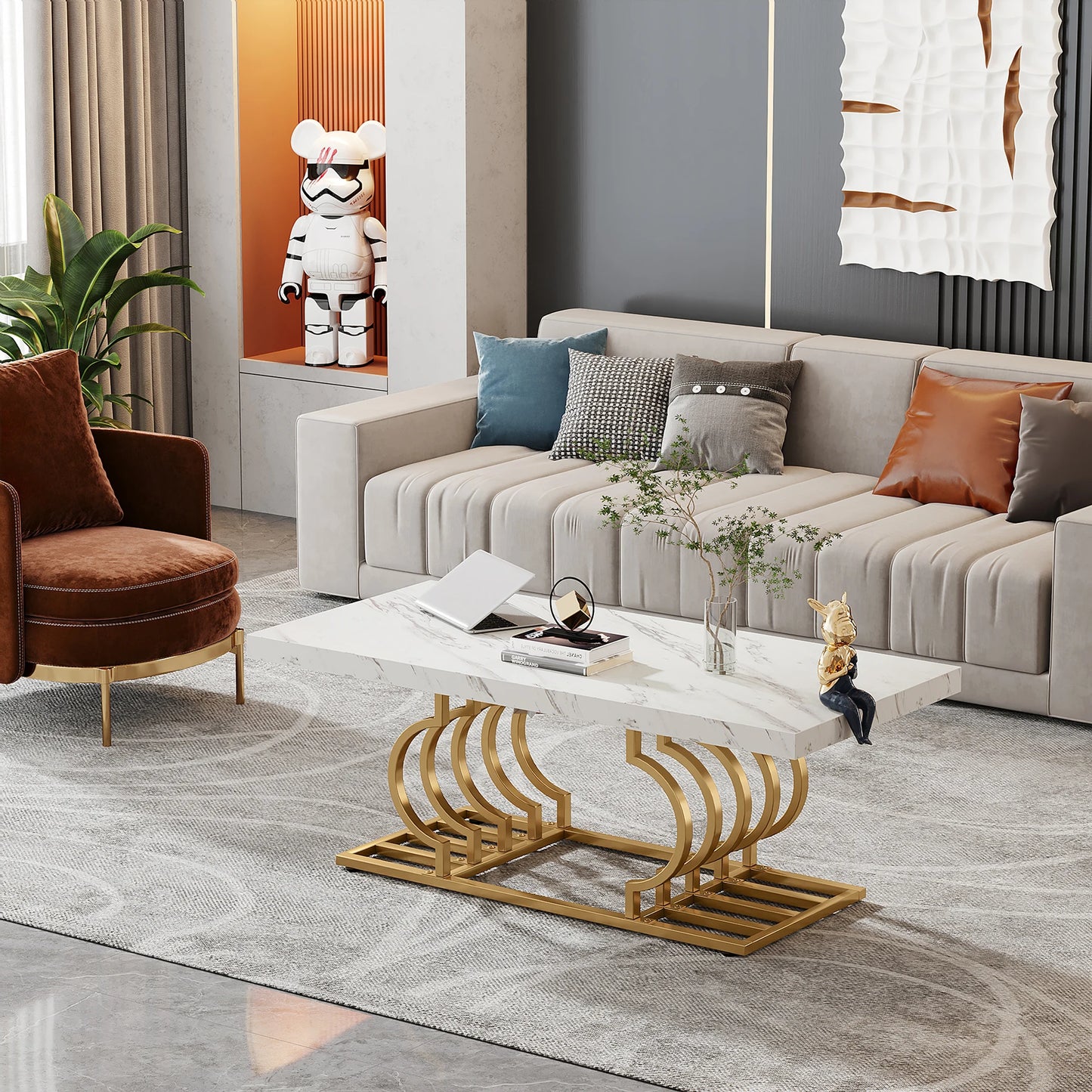 Tribesigns Rectangle Coffee Table 2 Tier Faux Marble Wood