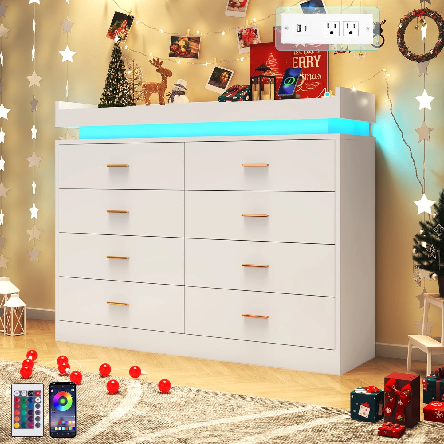 8 Drawer Dresser With LED Light Modern Chest Of Drawers Bedroom