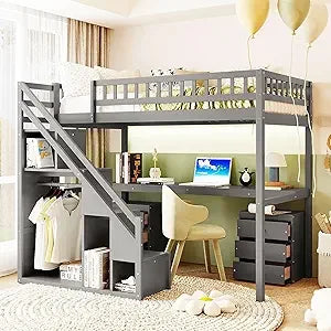 white twin size solid wood loft bed with desk and shelves - bedroom furniture by harper & bright designs