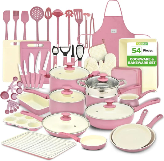 54-Piece Kitchen Cookware Set - Complete Non-Stick Ceramic Pots and Pans Set with Utensils, Bakeware, and Knife Set, Gas, Electr