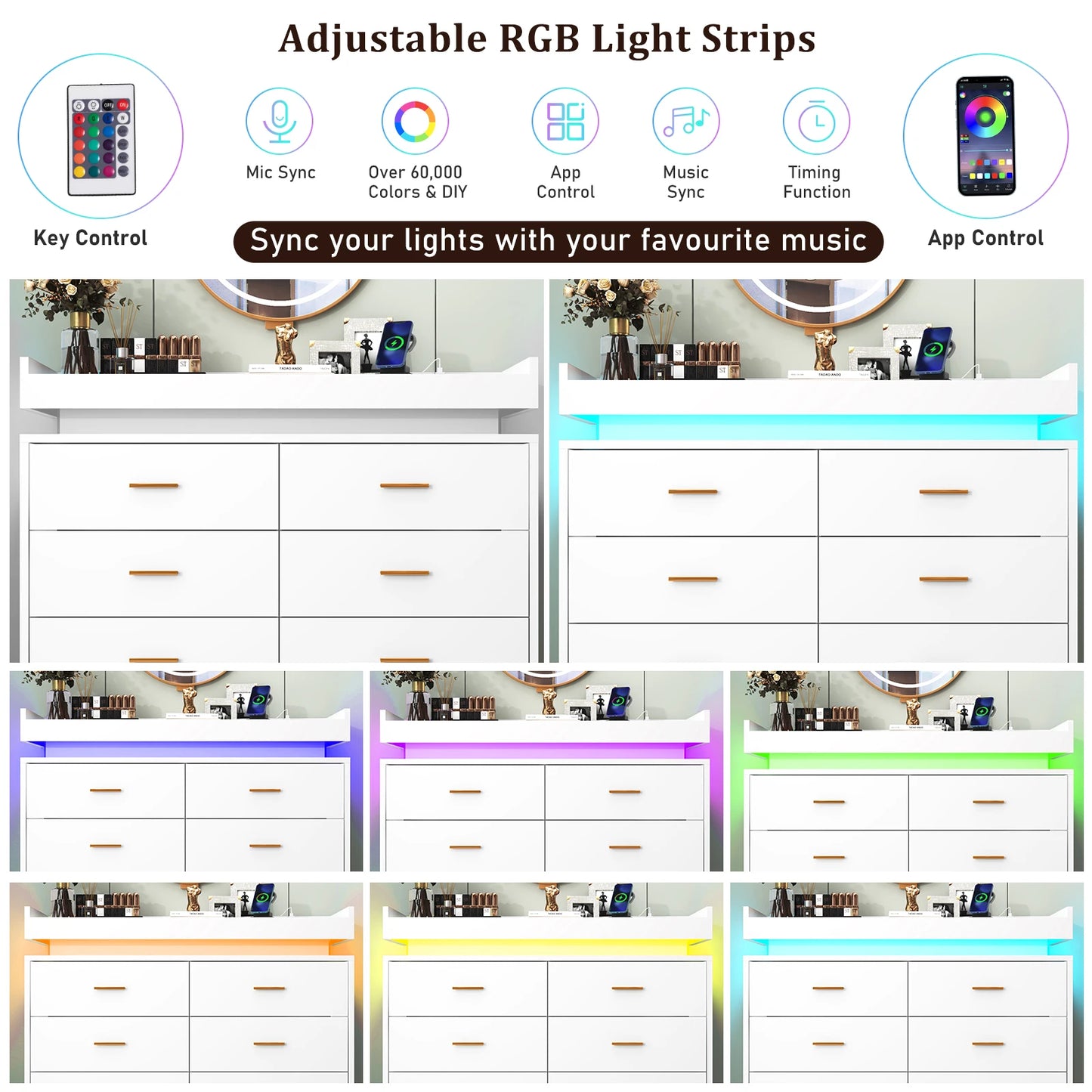 8 Drawer Dresser With LED Light Modern Chest Of Drawers Bedroom
