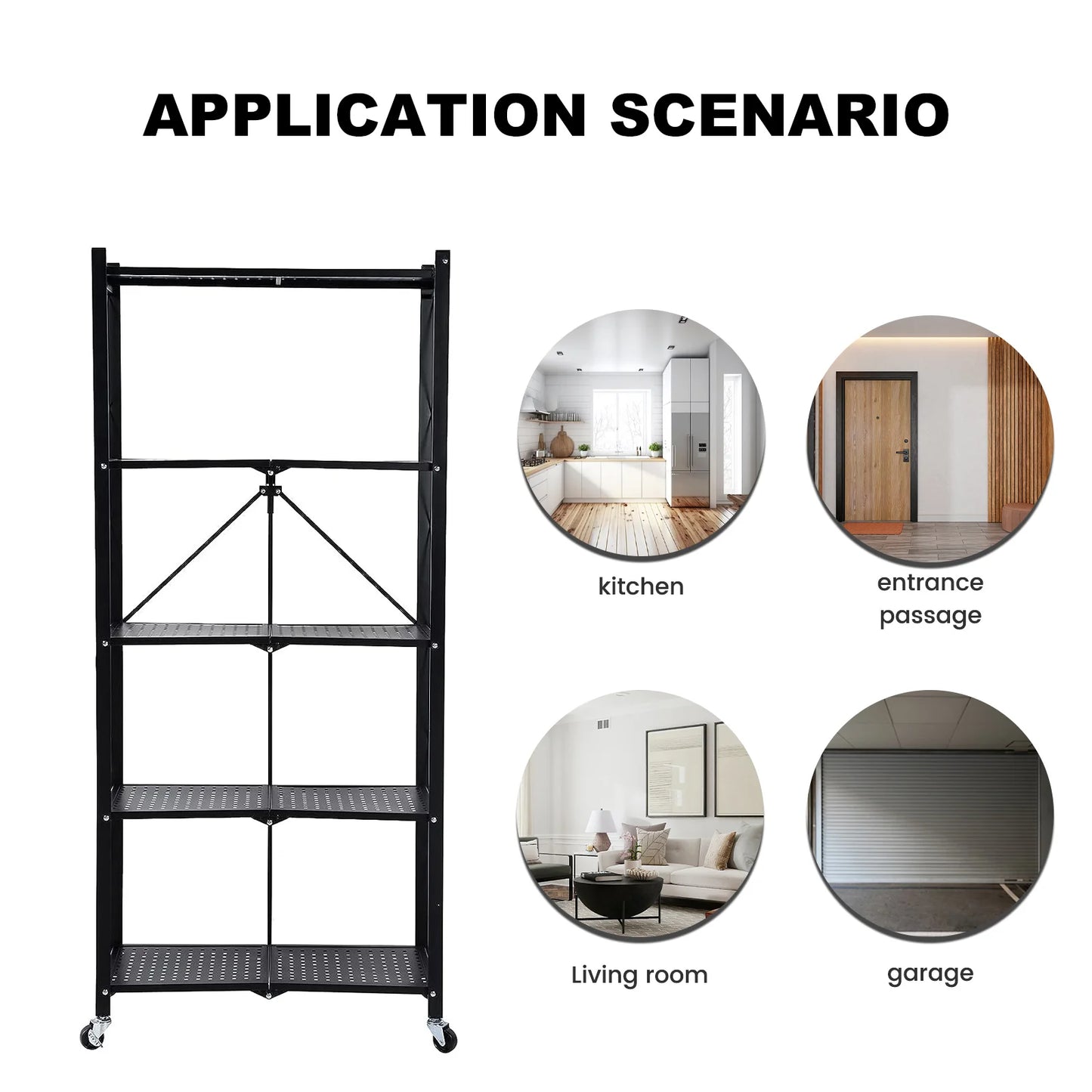 Storage Shelving 5-Tier With Wheel Unit Metal Shelf Adjustable Heavy Duty Foldable Organizer Rack
