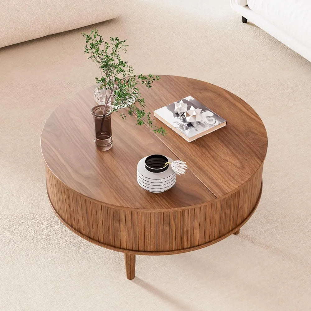 Round Fluted Lift Top Coffee Table with Storage, Mid Century Modern Coffee Table for Living Room