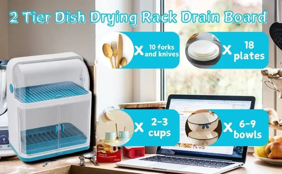 2 Layer Dish Drying Rack With Cover Drip Tray For Kitchen