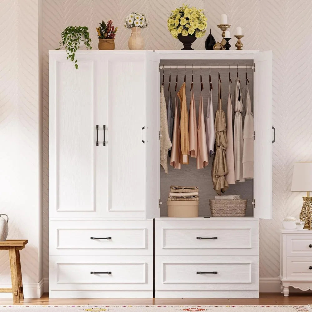 White Wooden Armoire Wardrobe With 2 Doors And 2 Drawers