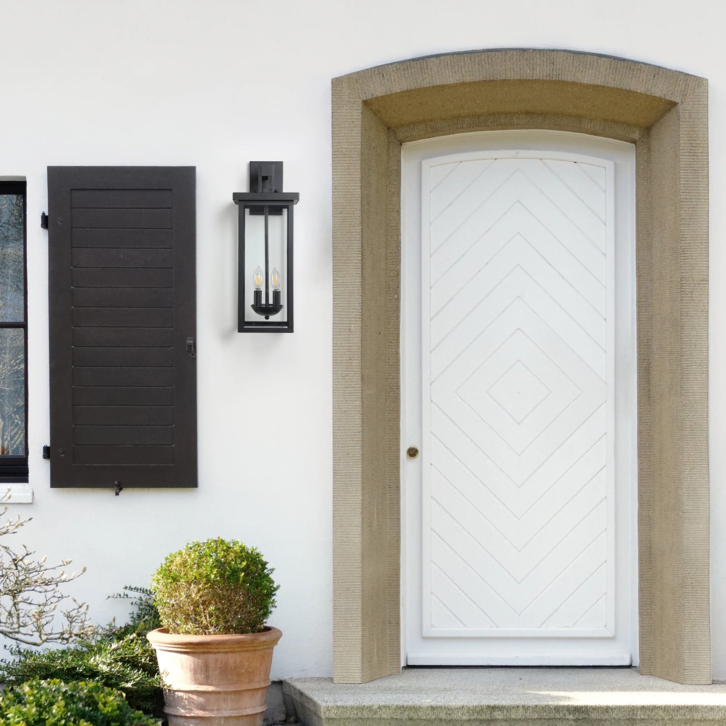 22"(H) Outdoor Wall Lantern with Dusk to Dawn Sensor Matte Black Finish Clear Glass Panels