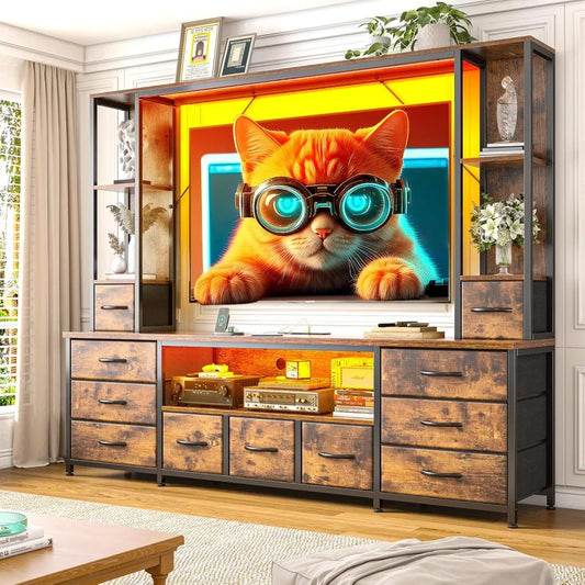 78.6" TV Stand for Living Room, Large Entertainment Center with 11 Fabric Drawers, 2 LED Lights & Power Outlets, Modern