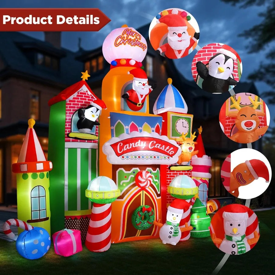 13.5 FT Tall Candy Castle Christmas Inflatables Outdoor Decorations with Built in Rotating Light