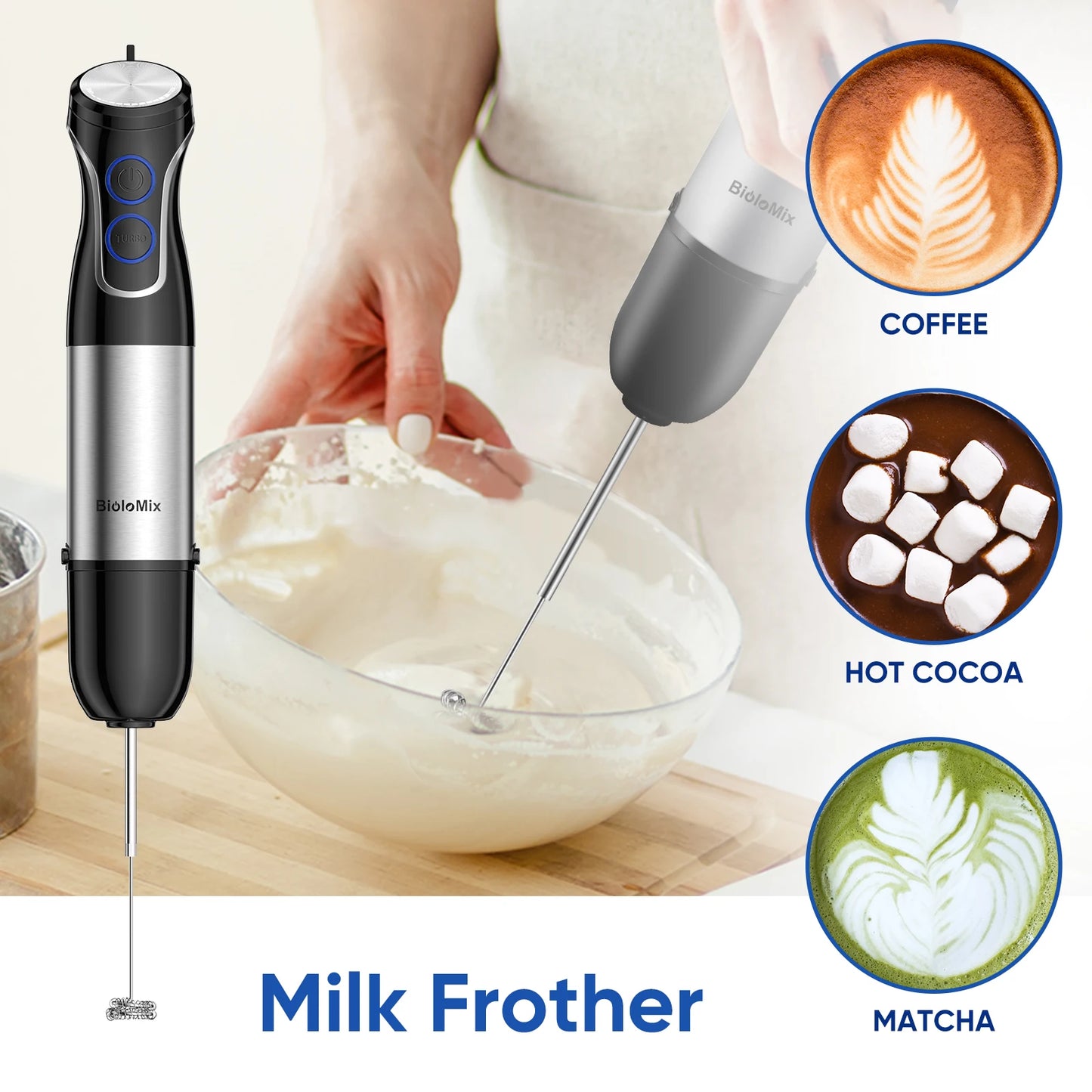 BioloMix 5 in 1 Immersion Hand Blender,1500W Blender with 304 Stainless Steel Blade, Food Processor, Smoothies