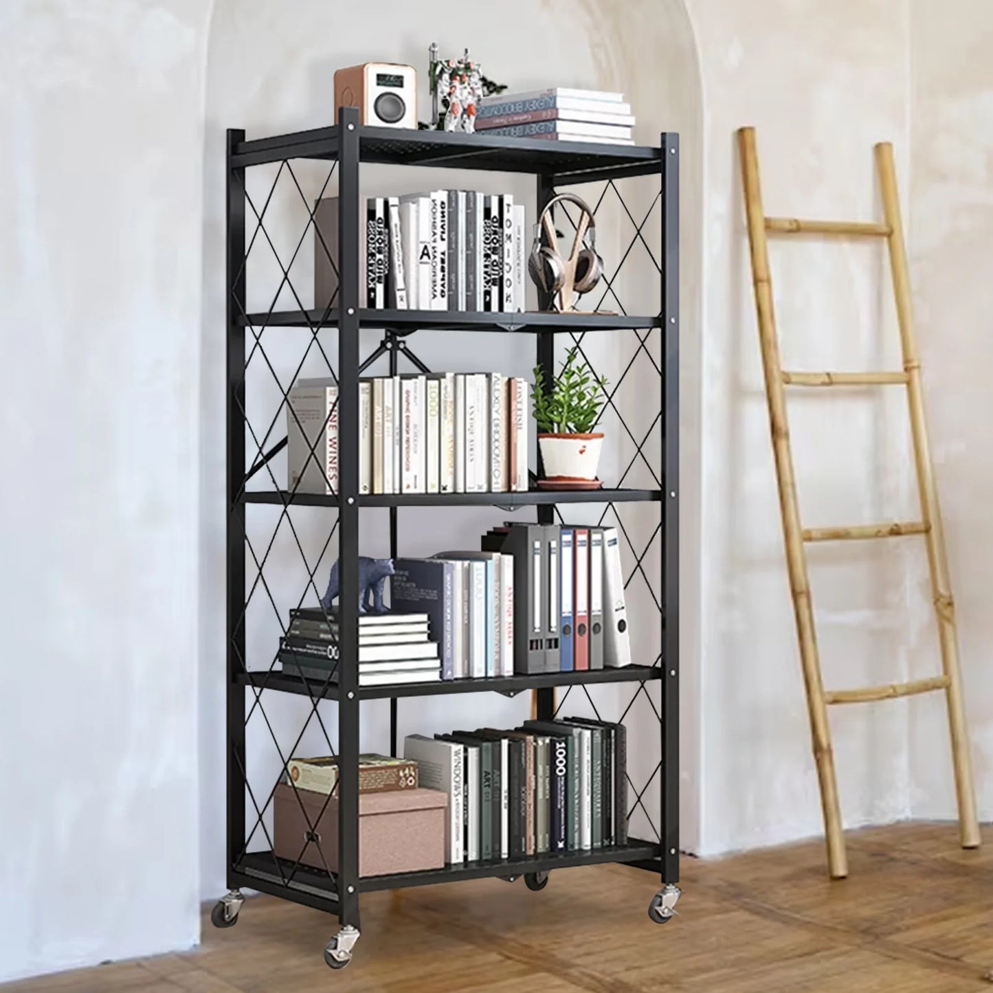 Storage Shelving 5-Tier With Wheel Unit Metal Shelf Adjustable Heavy Duty Foldable Organizer Rack
