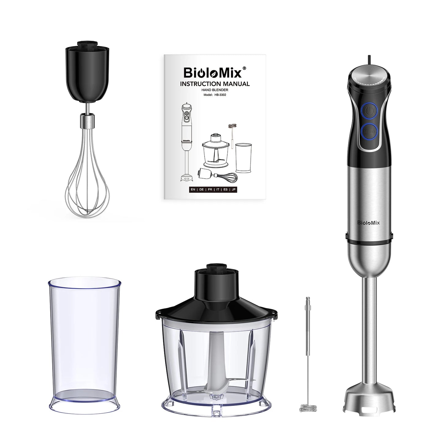 BioloMix 5 in 1 Immersion Hand Blender,1500W Blender with 304 Stainless Steel Blade, Food Processor, Smoothies
